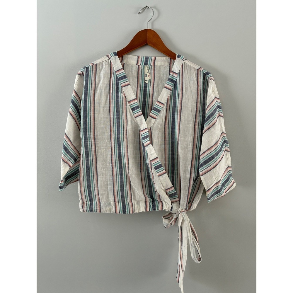 Girl Krazy Womens Striped Wrap Top Cotton V-Neck Side Tie Blue Coral Medium NEW